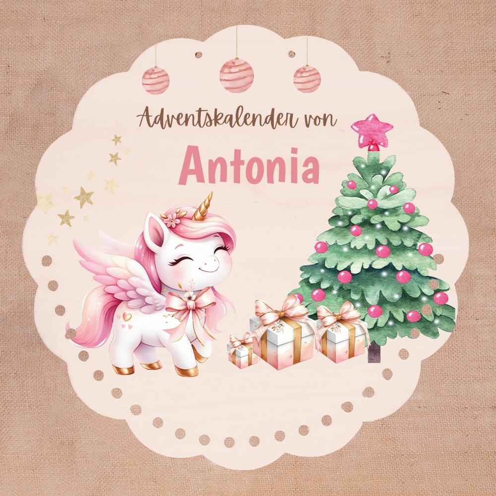 Personalisierter runder Adventskalender Kinder aus Holz  - Baby Einhorn