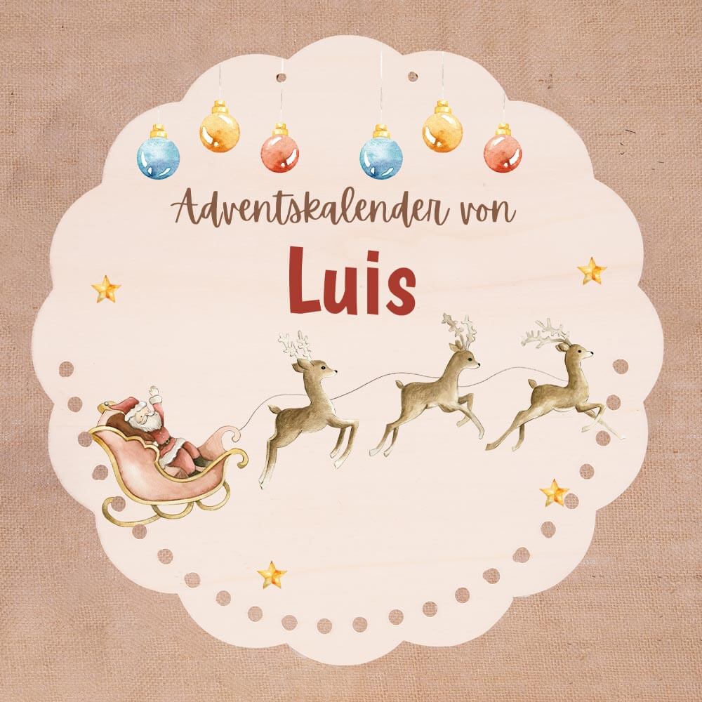 Personalisierter runder Adventskalender Kinder aus Holz  - Rentiere