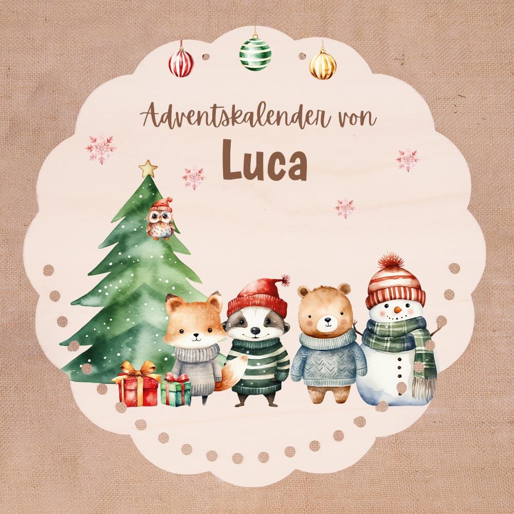 Personalisierter runder Adventskalender Kinder aus Holz  - Tierische Weihnachtsbande