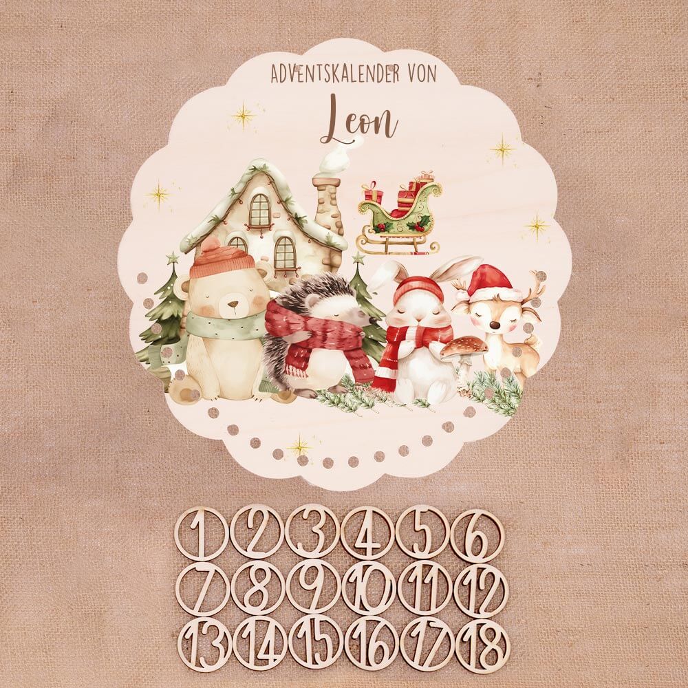 Personalisierter runder Adventskalender Kinder aus Holz  - Waldtiere im Winterzauber