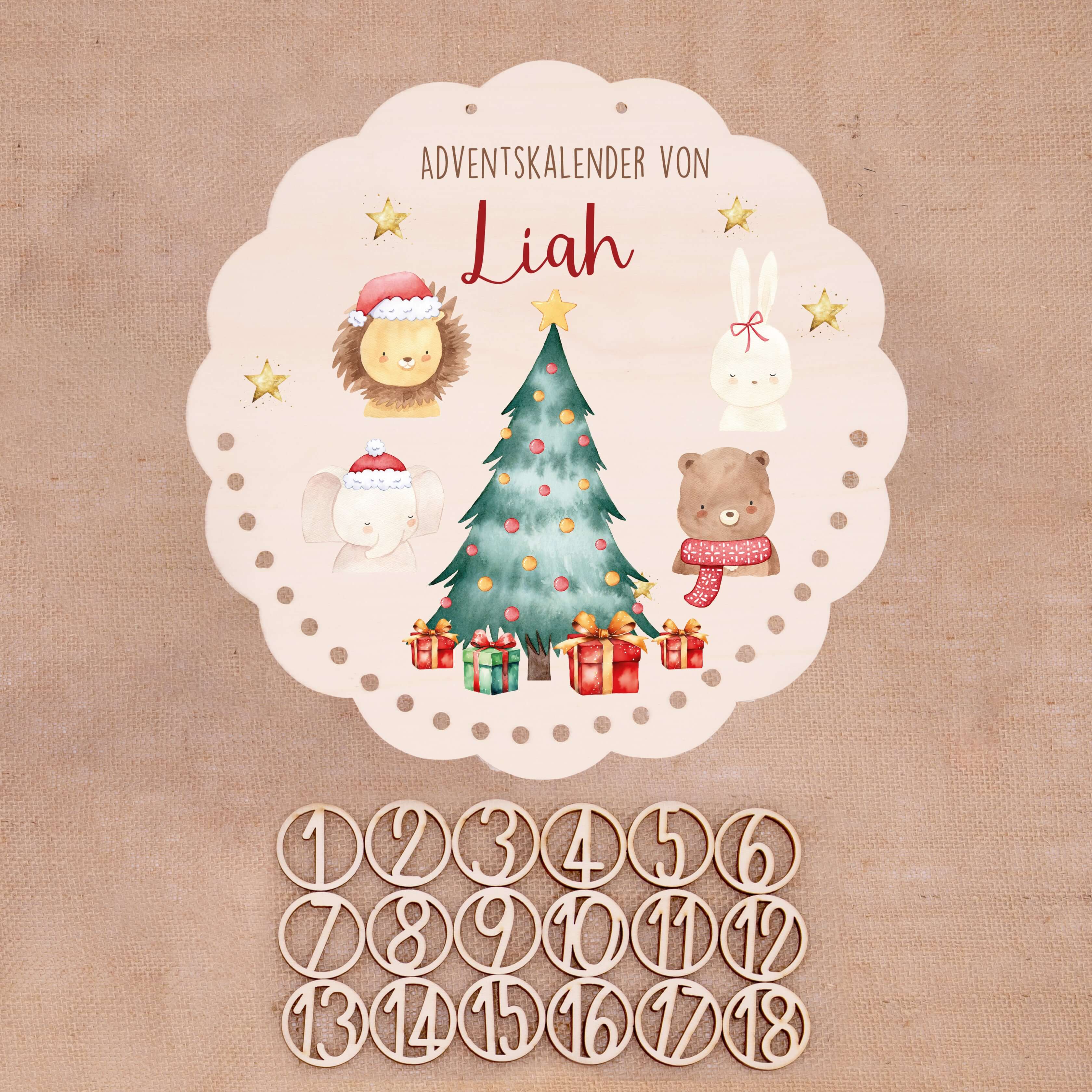 Personalisierter runder Adventskalender Kinder aus Holz  - Weihnachtliche Tierwelt