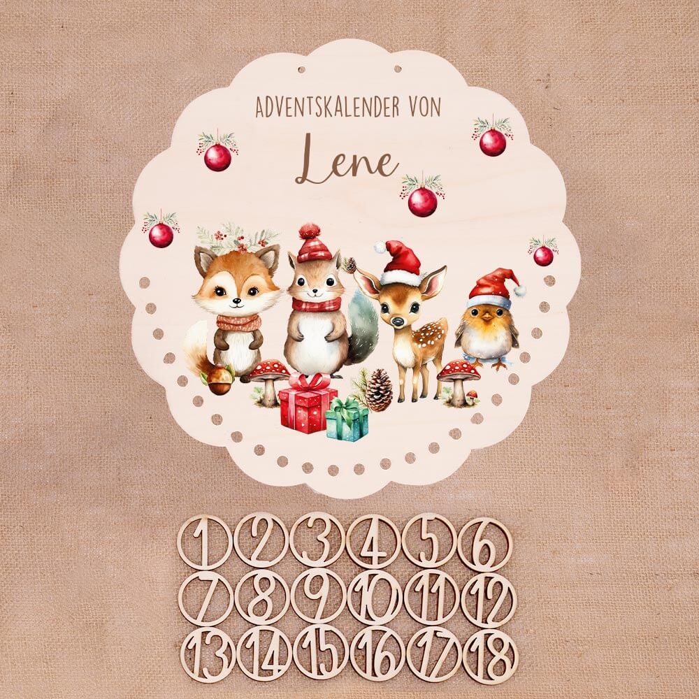 Personalisierter runder Adventskalender Kinder aus Holz  - Tierische Weihnachtsfeier