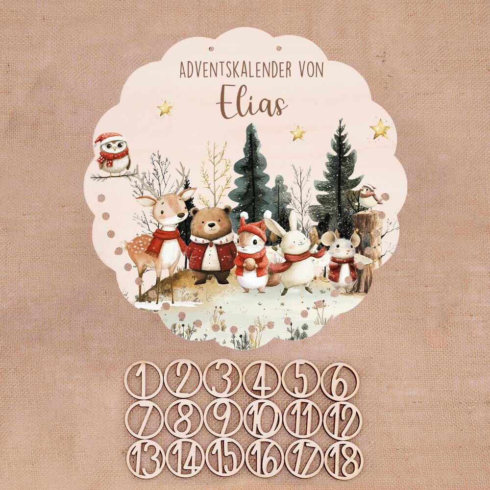 Personalisierter runder Adventskalender Kinder aus Holz  - Weihnachtsdorf