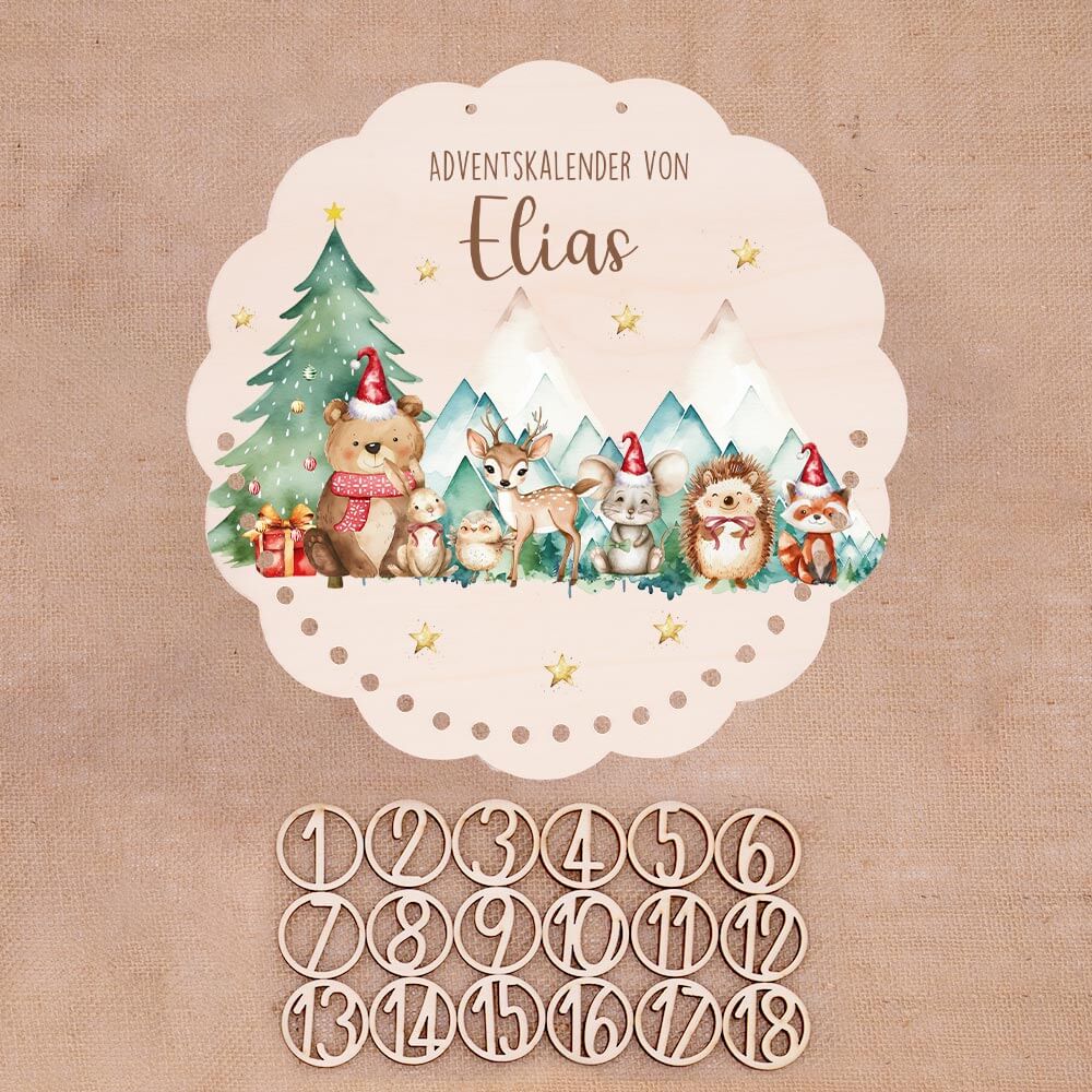 Personalisierter runder Adventskalender Kinder aus Holz  - Winterwald & seine Bewohner