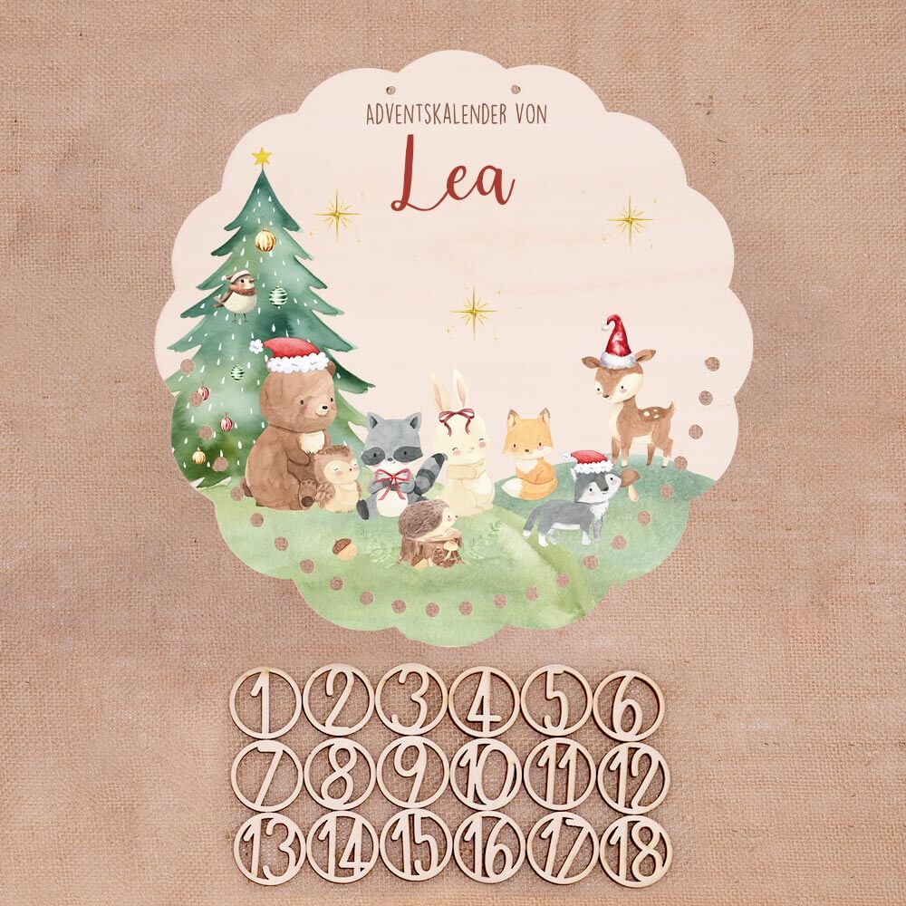 Personalisierter runder Adventskalender Kinder aus Holz  - Niedliche Waldfreunde