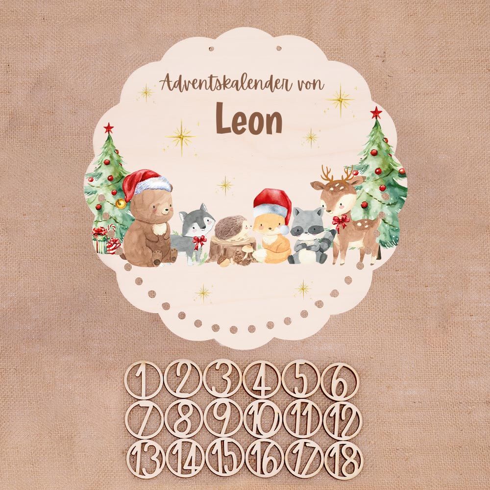 Personalisierter runder Adventskalender Kinder aus Holz  - Winterwunderland