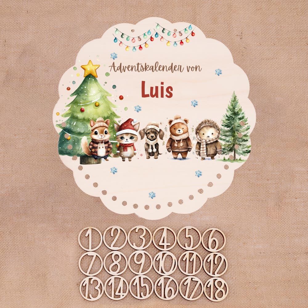 Personalisierter runder Adventskalender Kinder aus Holz  - Winterwaldtiere