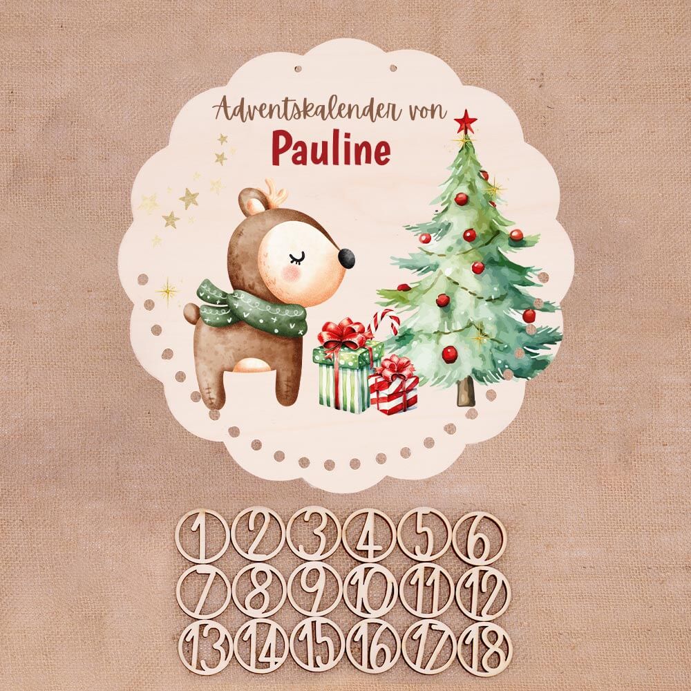 Personalisierter runder Adventskalender Kinder aus Holz  - Baby Reh