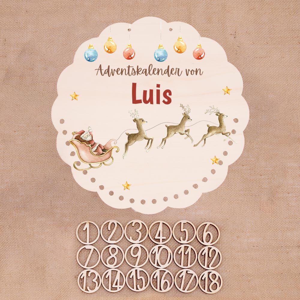 Personalisierter runder Adventskalender Kinder aus Holz  - Rentiere