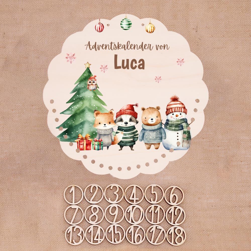 Personalisierter runder Adventskalender Kinder aus Holz  - Tierische Weihnachtsbande