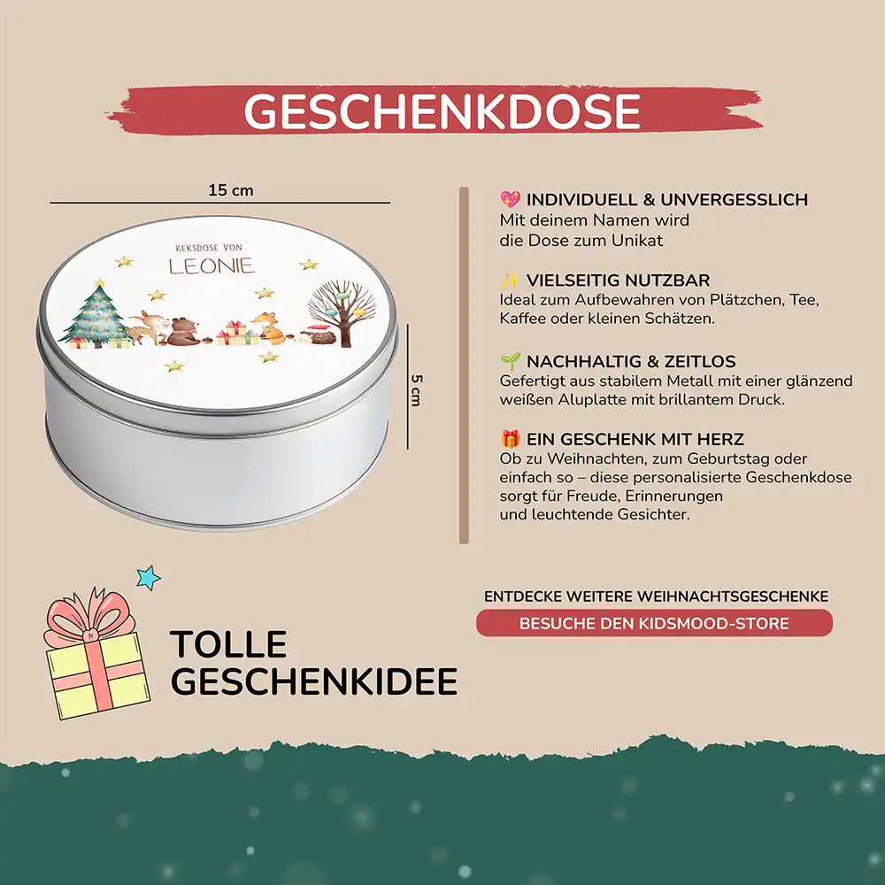 Keksdose aus Metall personalisiert - fröhliche Tiere im Wald