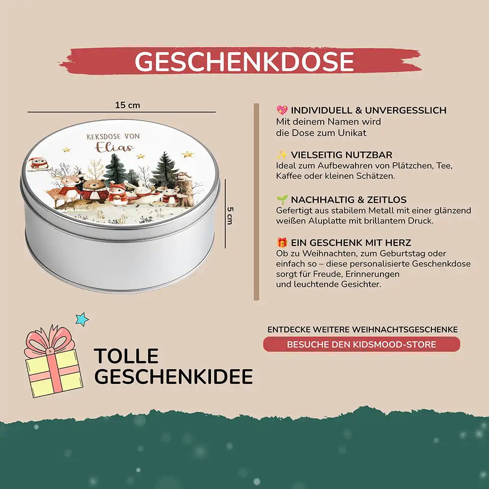 Keksdose aus Metall personalisiert - Weihnachtsfreunde im Schnee