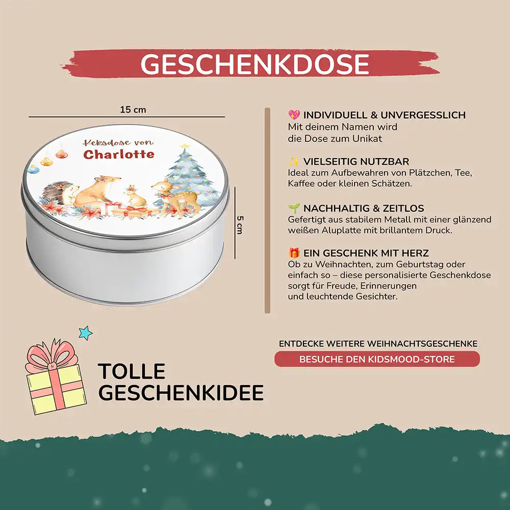 Keksdose aus Metall personalisiert - Festliche Waldfreunde