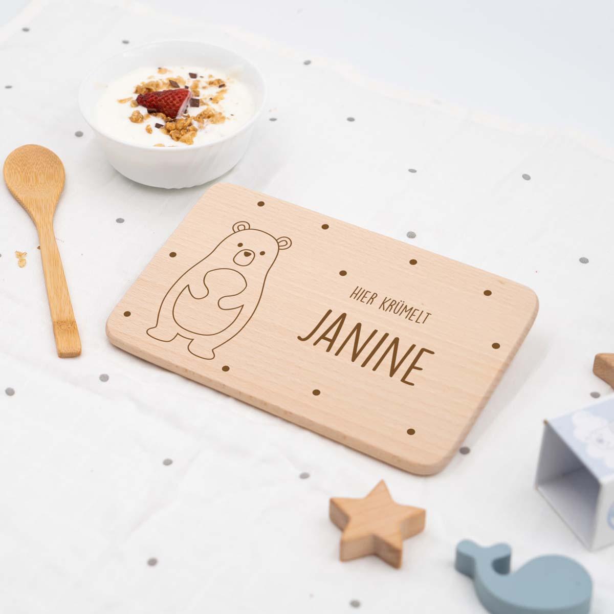 close-up of bear design on personalized breakfast board