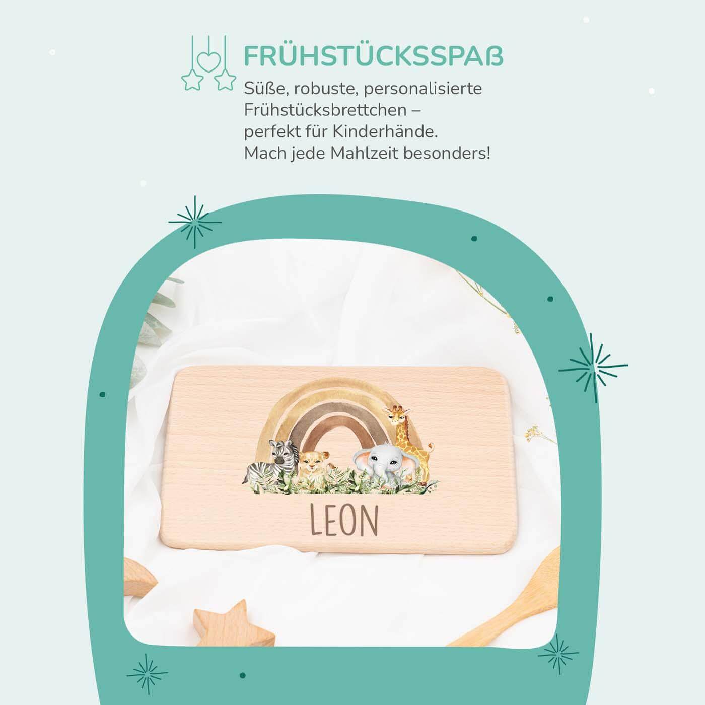 handgefertigtes frühstücksbrettchen mit rainbow animals gravur