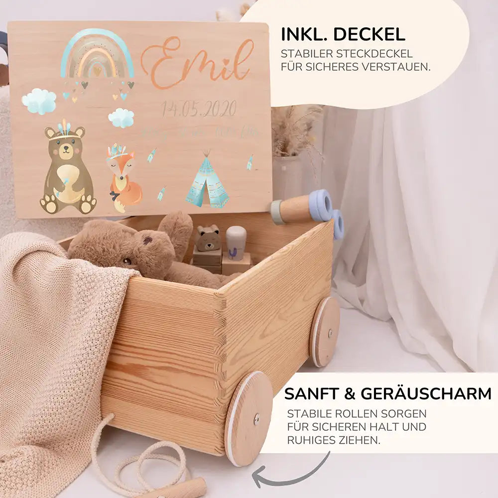 Spielzeugkiste mit Rädern personalisiert - Bär und Regenbogen