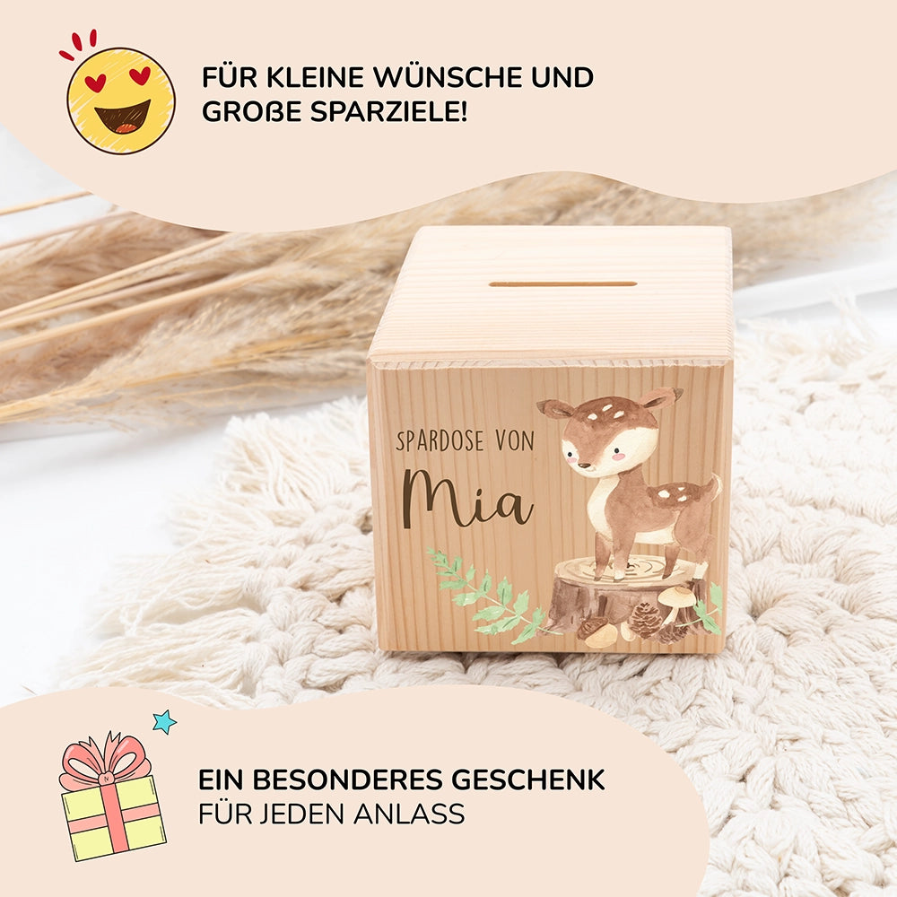 Spardose Kinder, Sparschwein personalisiert bunt - Reh Waldtiere