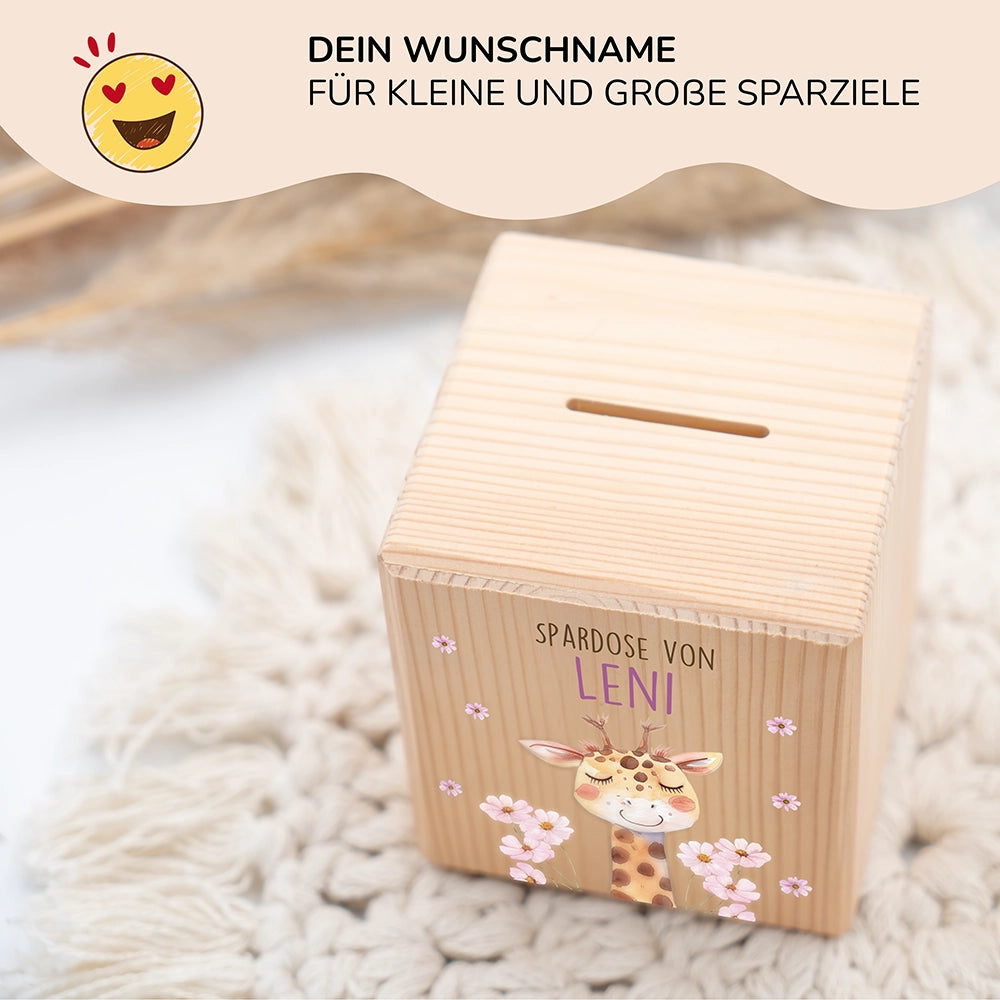 Spardose Kinder, Sparschwein personalisiert bunt - Giraffe mit Blume