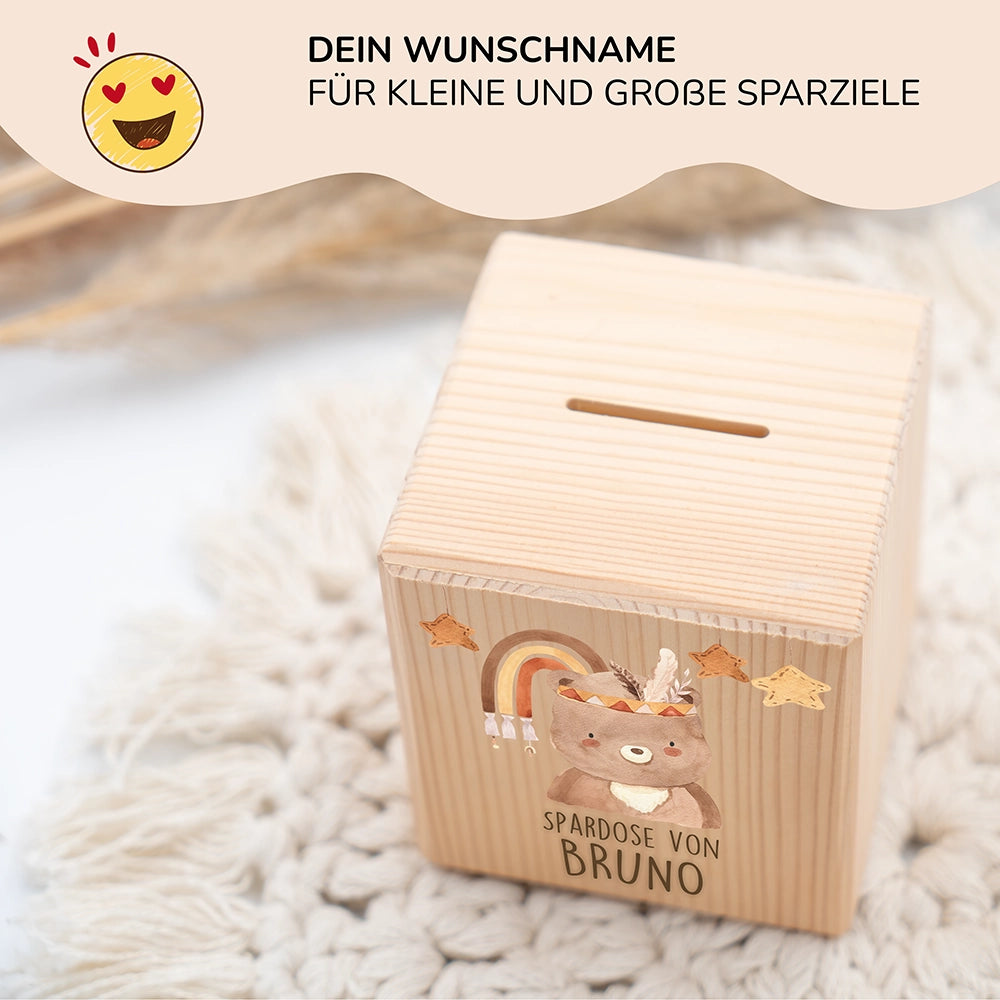 Spardose Kinder, Sparschwein personalisiert bunt - Boho Bär