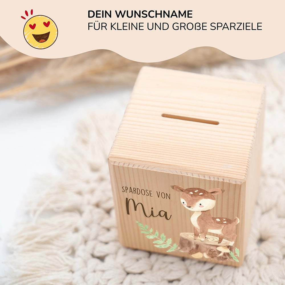 Spardose Kinder, Sparschwein personalisiert bunt - Reh Waldtiere