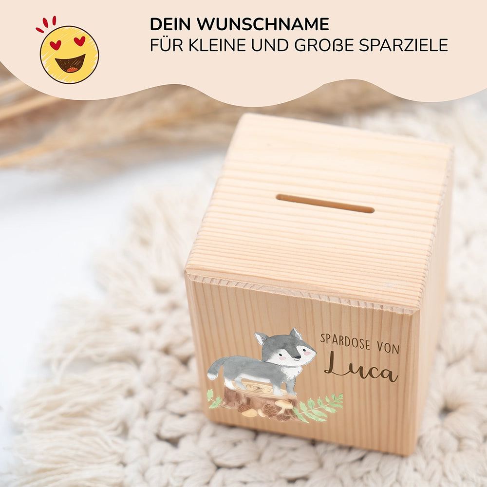 Spardose Kinder, Sparschwein personalisiert bunt - Waschbär Waldtiere