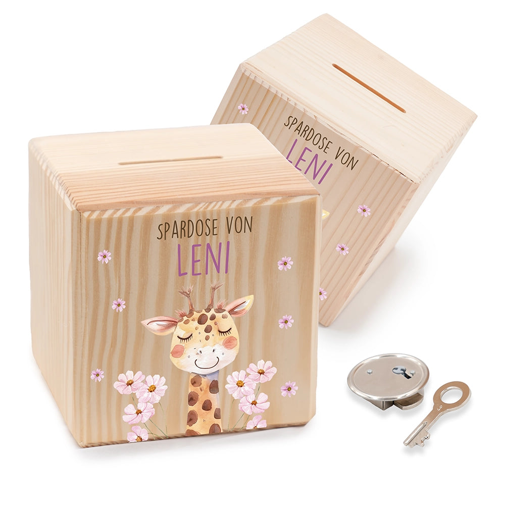 Spardose Kinder, Sparschwein personalisiert bunt - Giraffe mit Blume