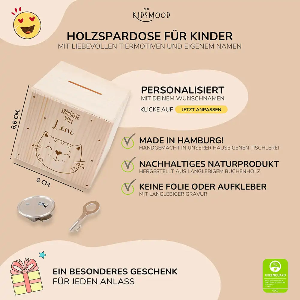 Spardose Kinder, Sparschwein personalisiert - Katze mit Punkten