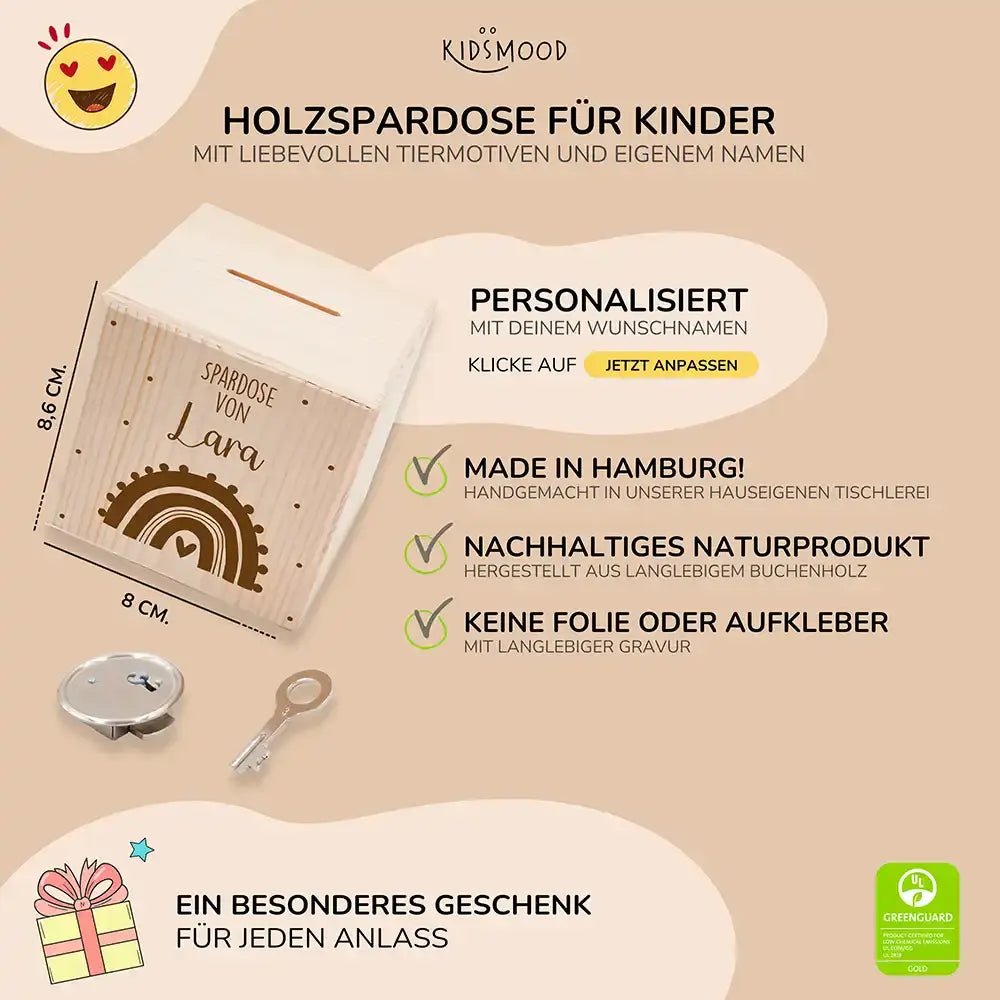 Spardose Kinder, Sparschwein personalisiert - Regenbogen mit Herz