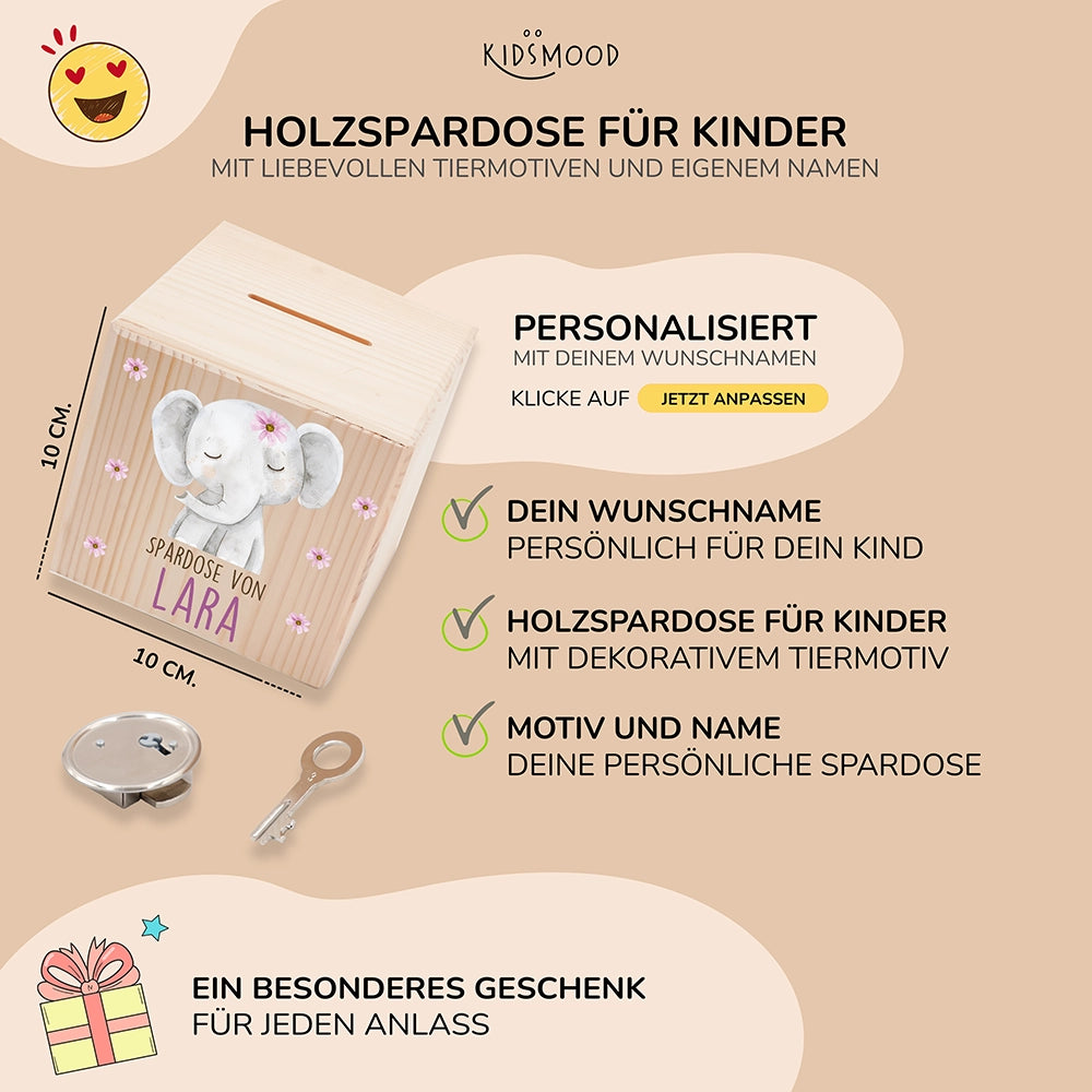 Spardose Kinder, Sparschwein personalisiert bunt - Elefant mit Blumen