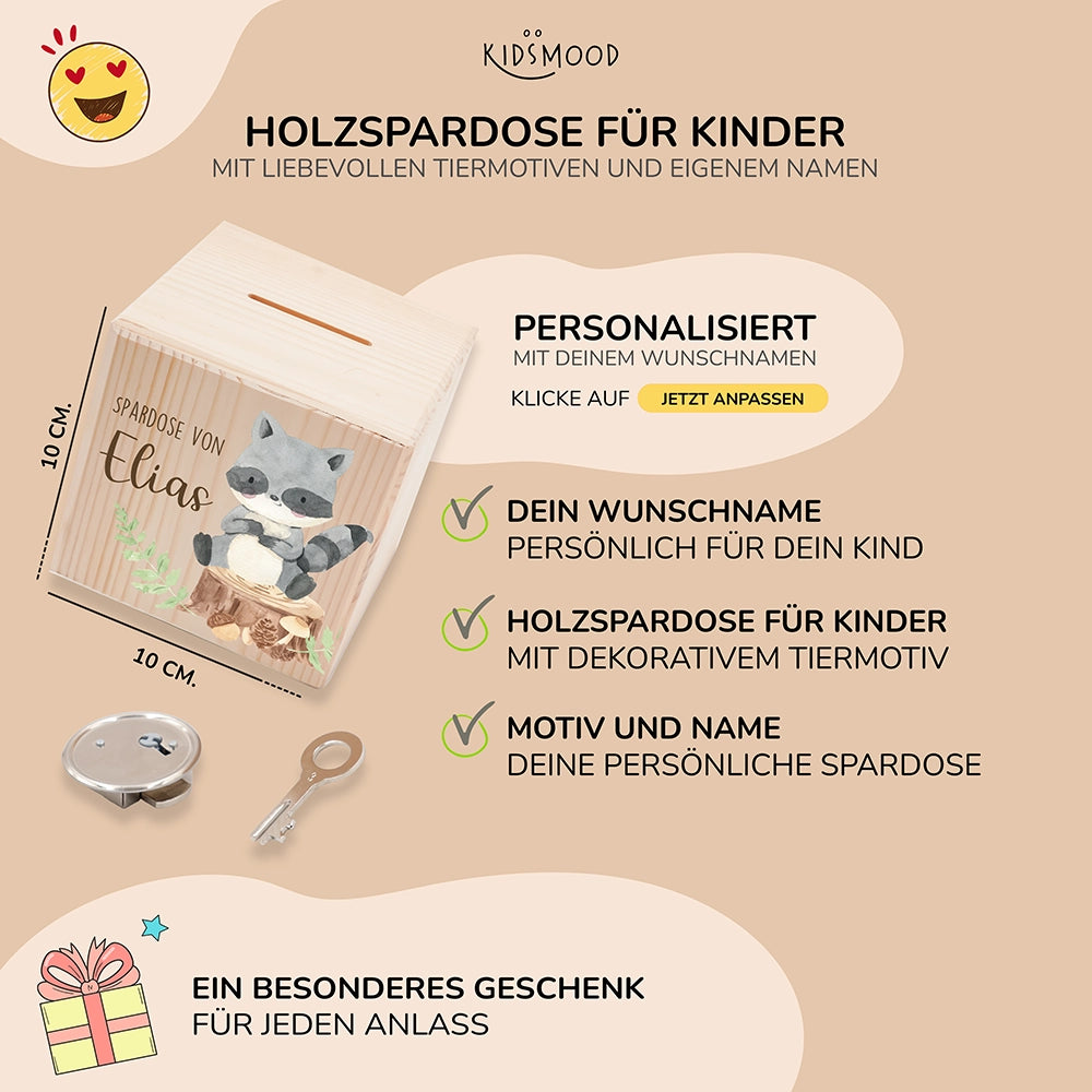 Spardose Kinder, Sparschwein personalisiert bunt - Waschbär
