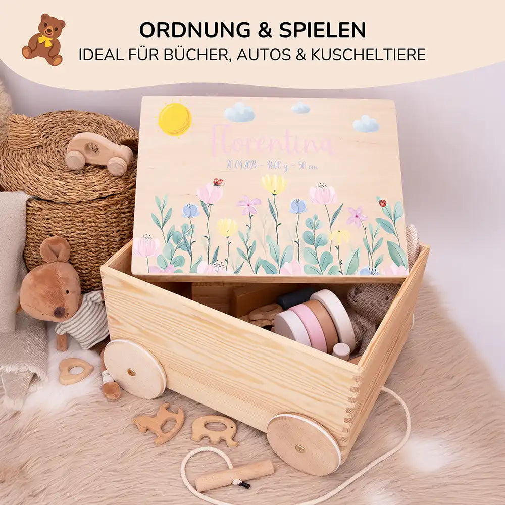 Spielzeugkiste mit Rädern personalisiert - Blumenwiese
