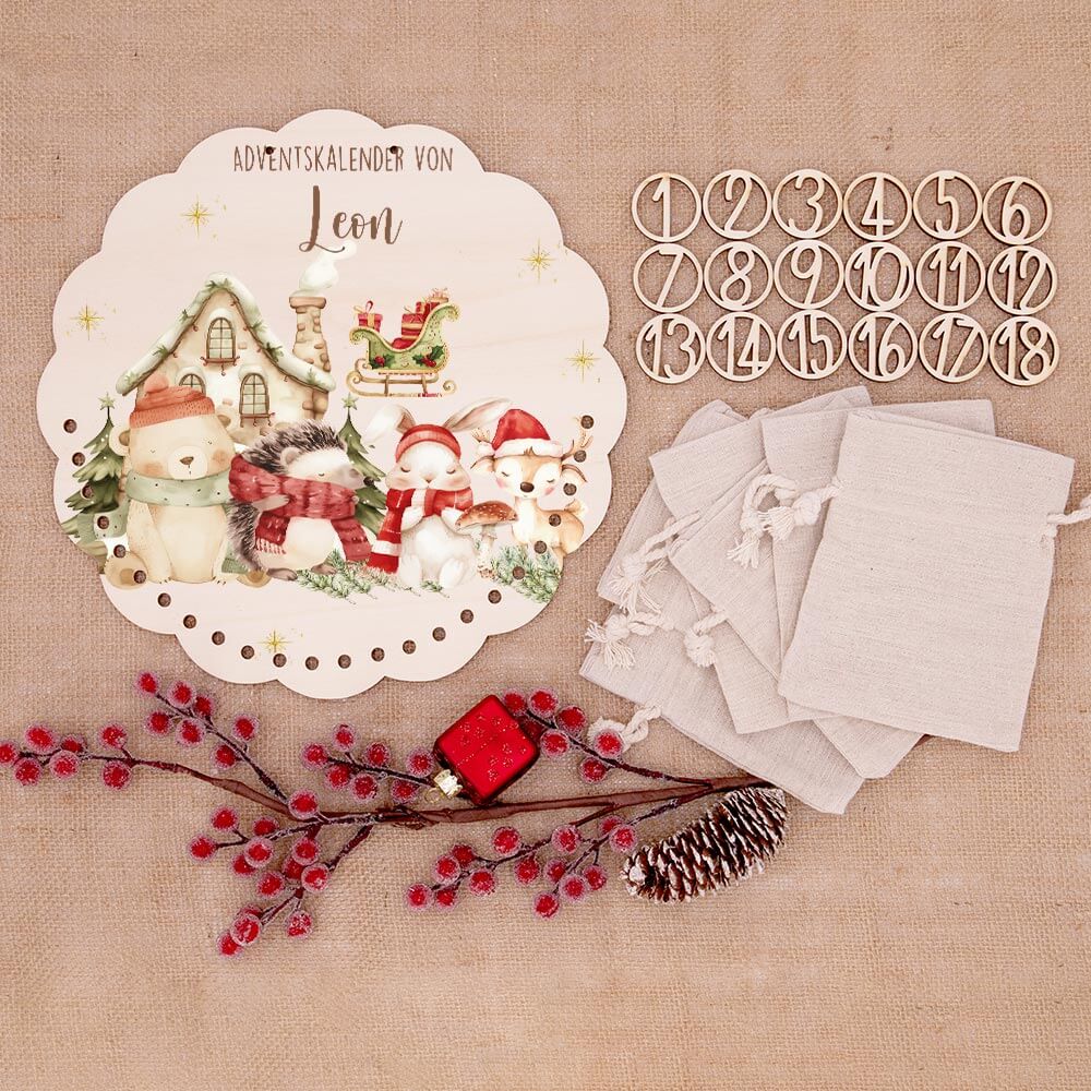 Personalisierter runder Adventskalender Kinder aus Holz  - Waldtiere im Winterzauber