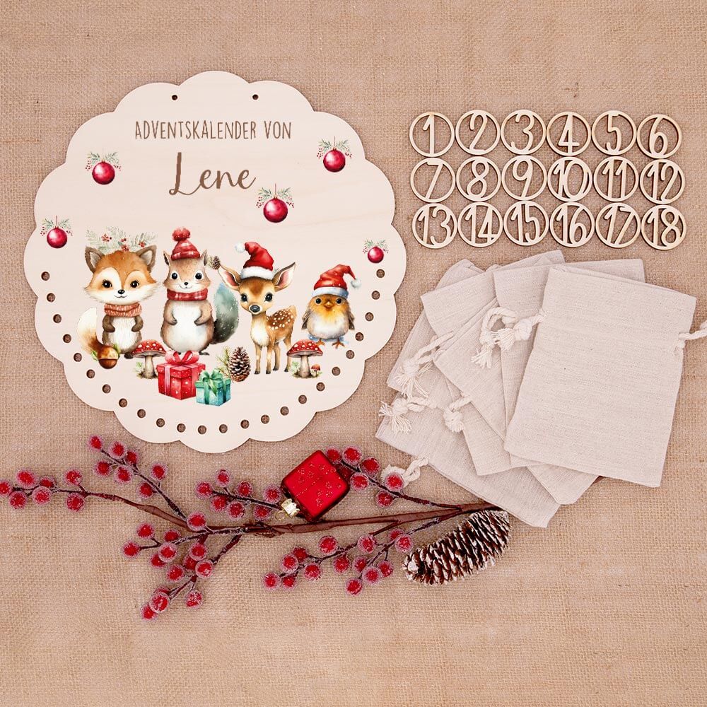 Personalisierter runder Adventskalender Kinder aus Holz  - Tierische Weihnachtsfeier