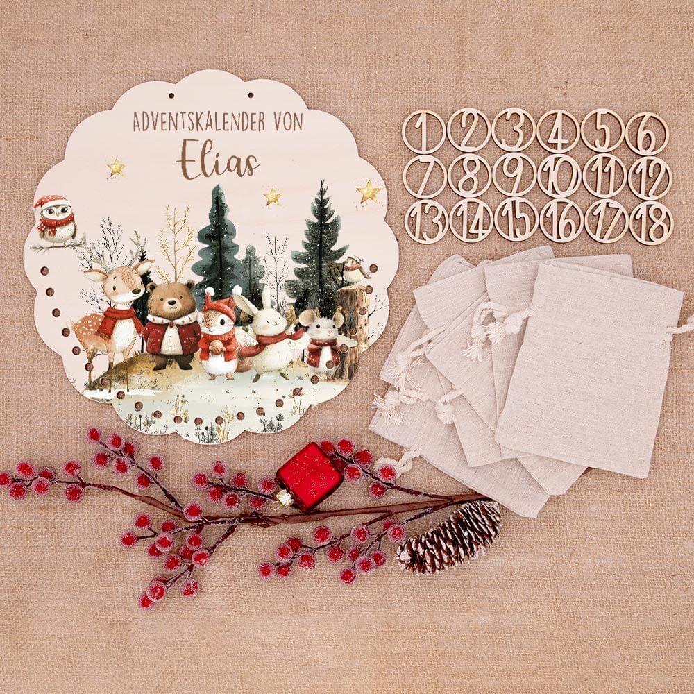 Personalisierter runder Adventskalender Kinder aus Holz  - Weihnachtsdorf