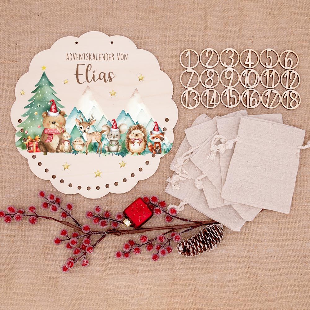 Personalisierter runder Adventskalender Kinder aus Holz  - Winterwald & seine Bewohner