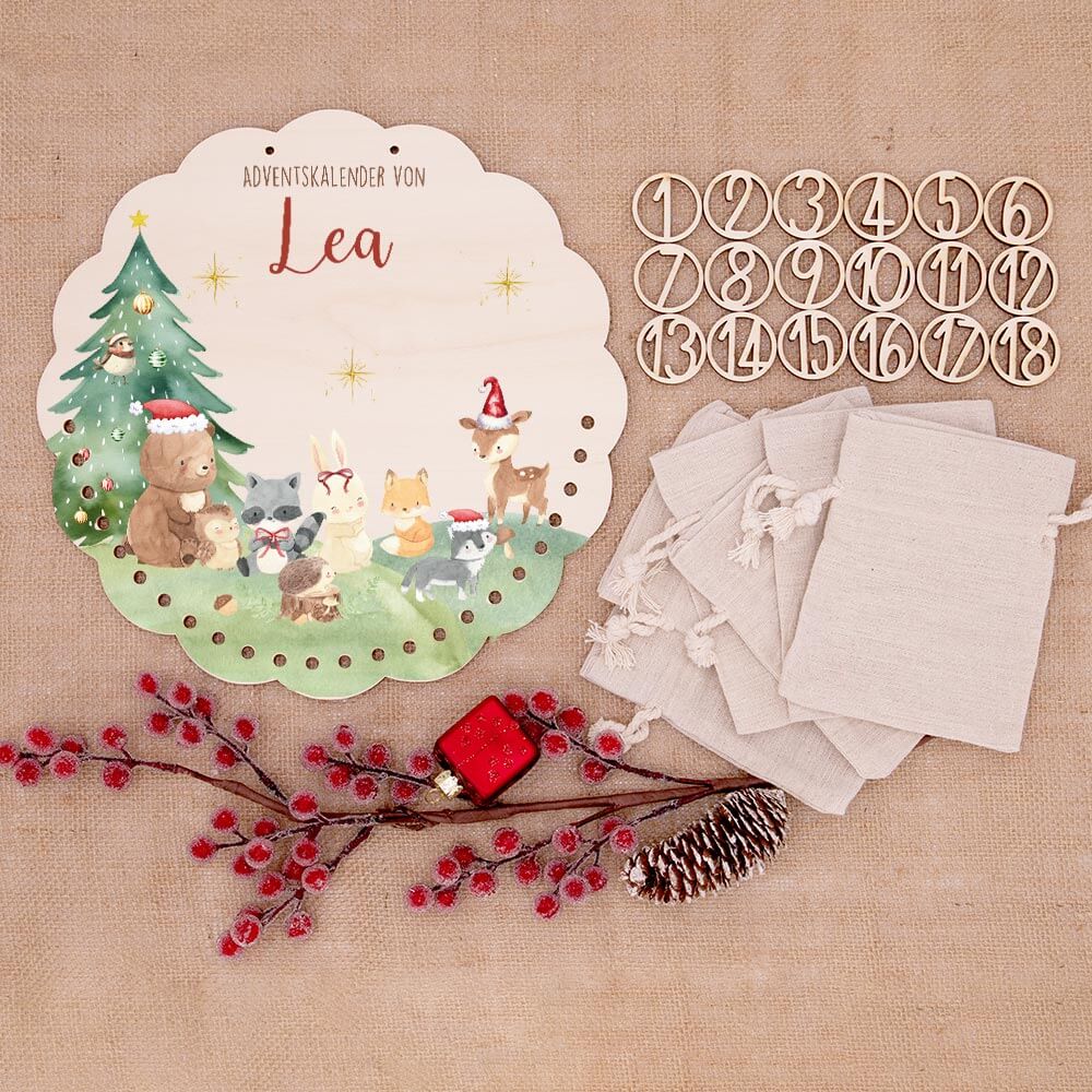 Personalisierter runder Adventskalender Kinder aus Holz  - Niedliche Waldfreunde