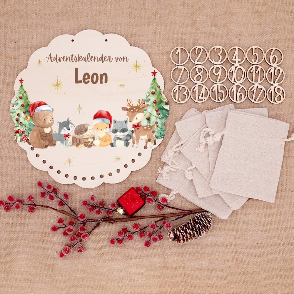 Personalisierter runder Adventskalender Kinder aus Holz  - Winterwunderland