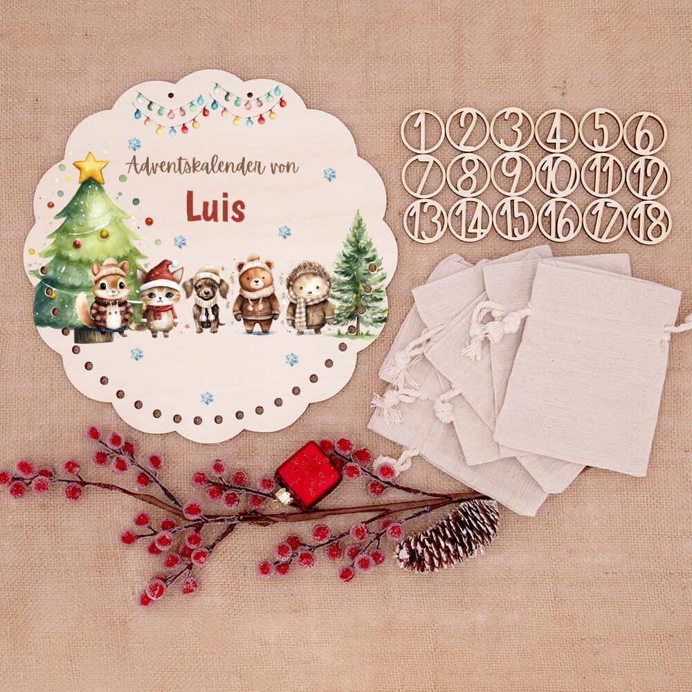 Personalisierter runder Adventskalender Kinder aus Holz  - Winterwaldtiere