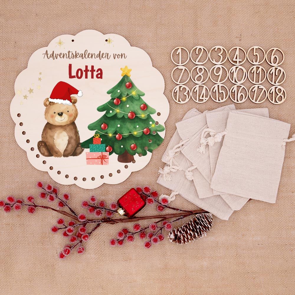 Personalisierter runder Adventskalender Kinder aus Holz  - Weihnachtsbär