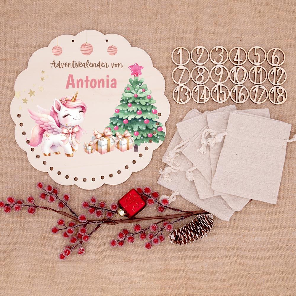 Personalisierter runder Adventskalender Kinder aus Holz  - Baby Einhorn