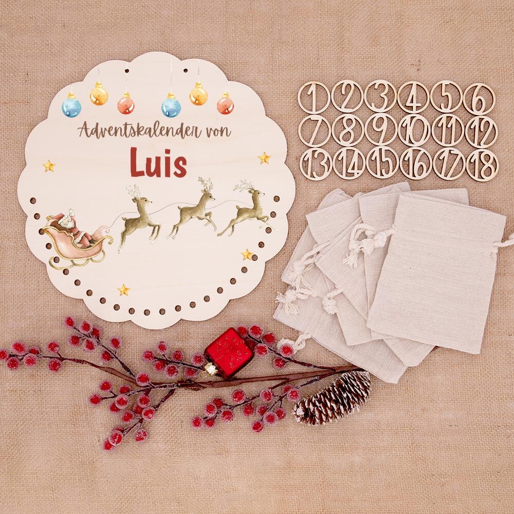 Personalisierter runder Adventskalender Kinder aus Holz  - Rentiere