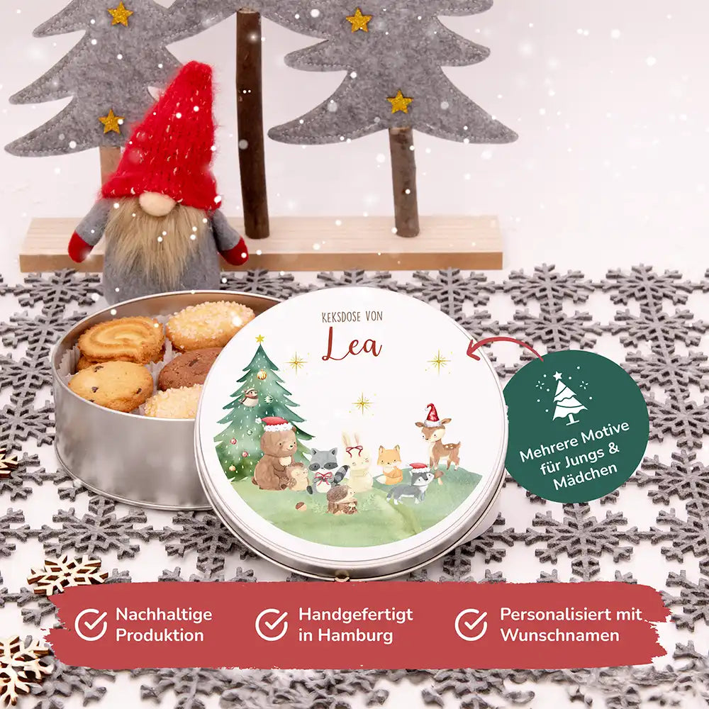 Keksdose aus Metall personalisiert - Kleine Waldbewohner im Weihnachtsglanz