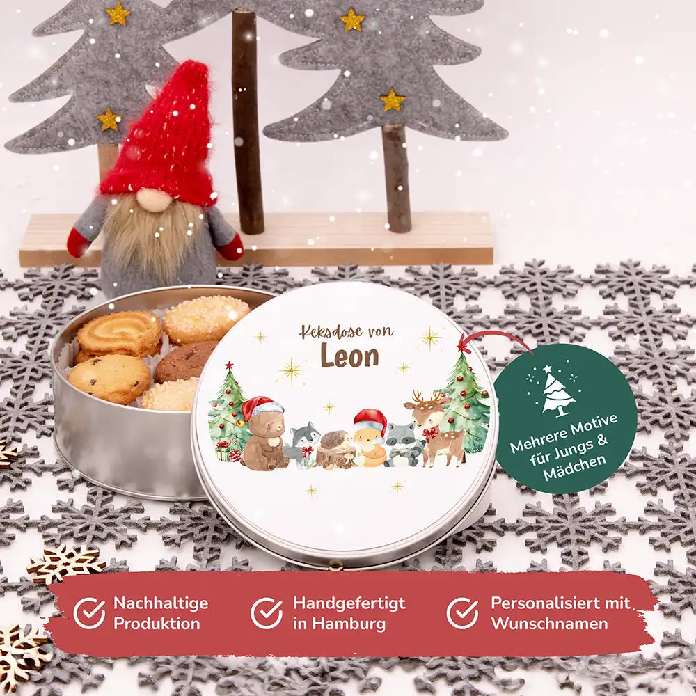 Keksdose aus Metall personalisiert - Weihnachtliche Waldtiere