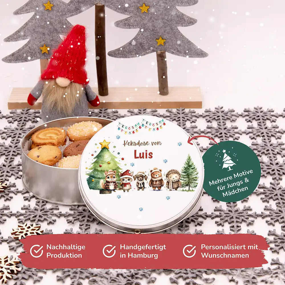 Keksdose aus Metall personalisiert - Winterliche Kuschelbande