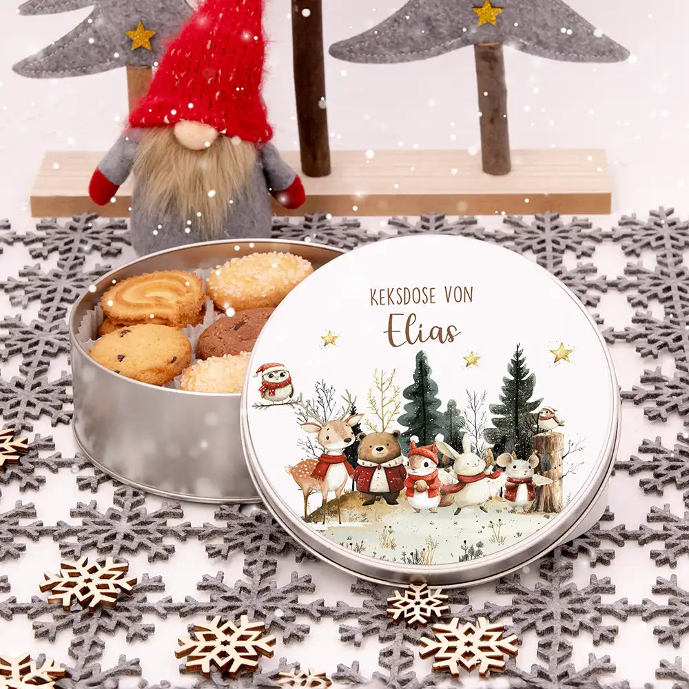 Keksdose aus Metall personalisiert - Weihnachtsfreunde im Schnee
