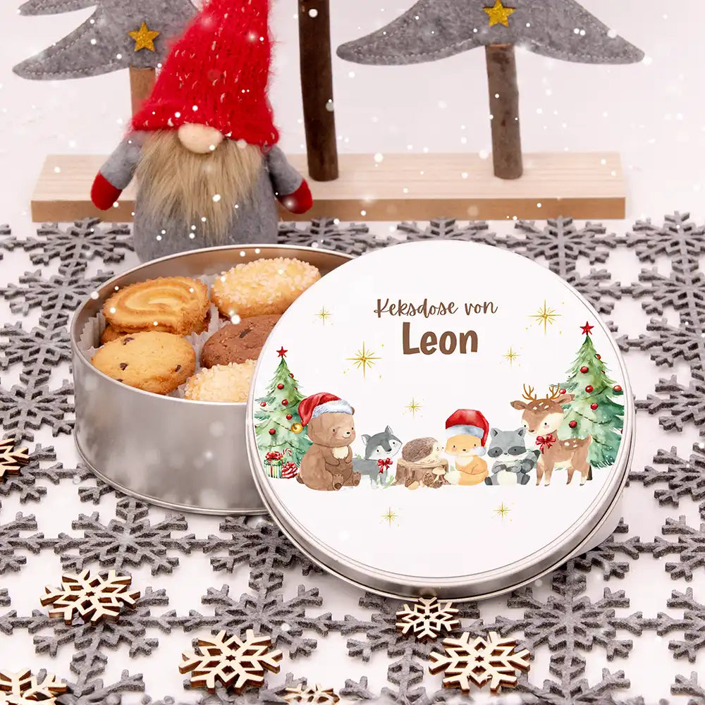 Keksdose aus Metall personalisiert - Weihnachtliche Waldtiere