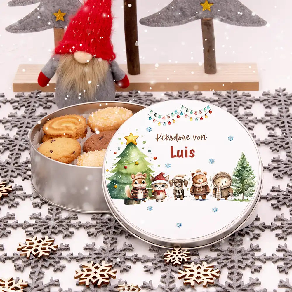 Keksdose aus Metall personalisiert - Winterliche Kuschelbande