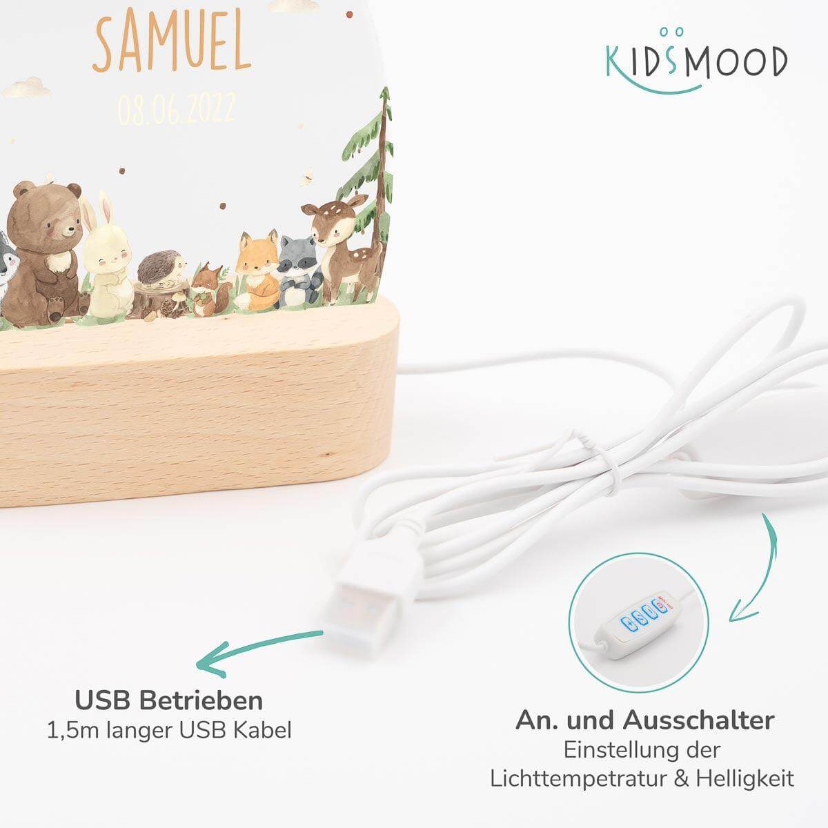 night lamp with waldtiere design and personalized name