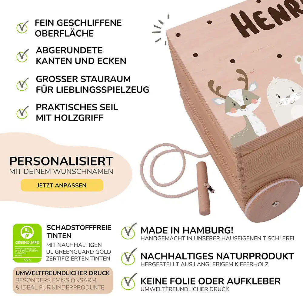 Spielzeugkiste mit Rädern personalisiert - Winterliche Waldtiere