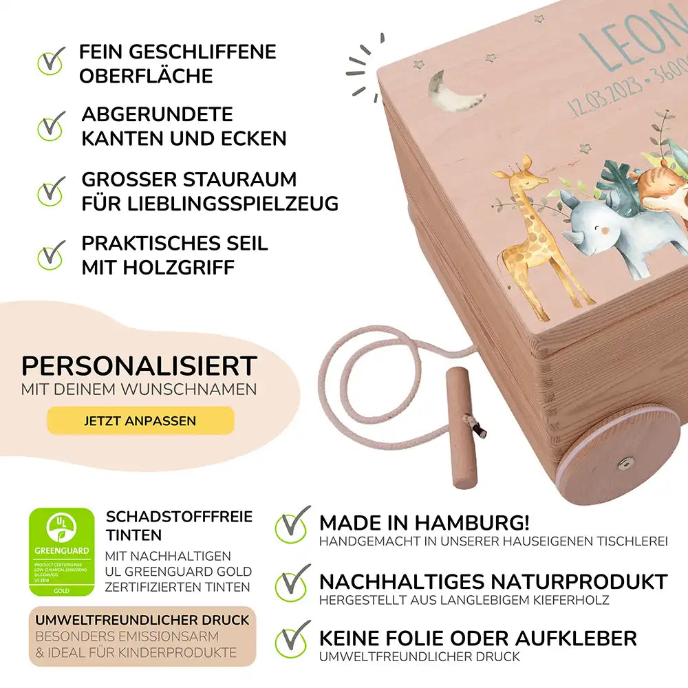 Spielzeugkiste mit Rädern personalisiert - Safari Tiere